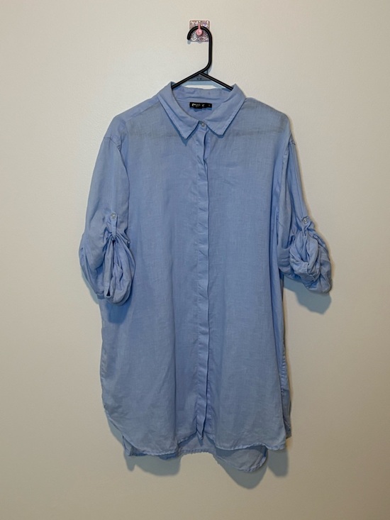 Dkny Tops - 100% Linen 3/4 Sleeve Roll Tab Button-Up Light Blue Coastal Breezy Shirt Sz XL
